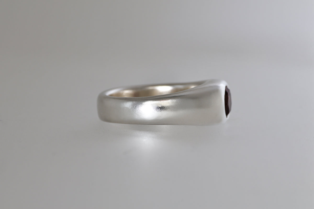 Brushed sterling silver signet ring with red-orange Malaya garnet, view 5