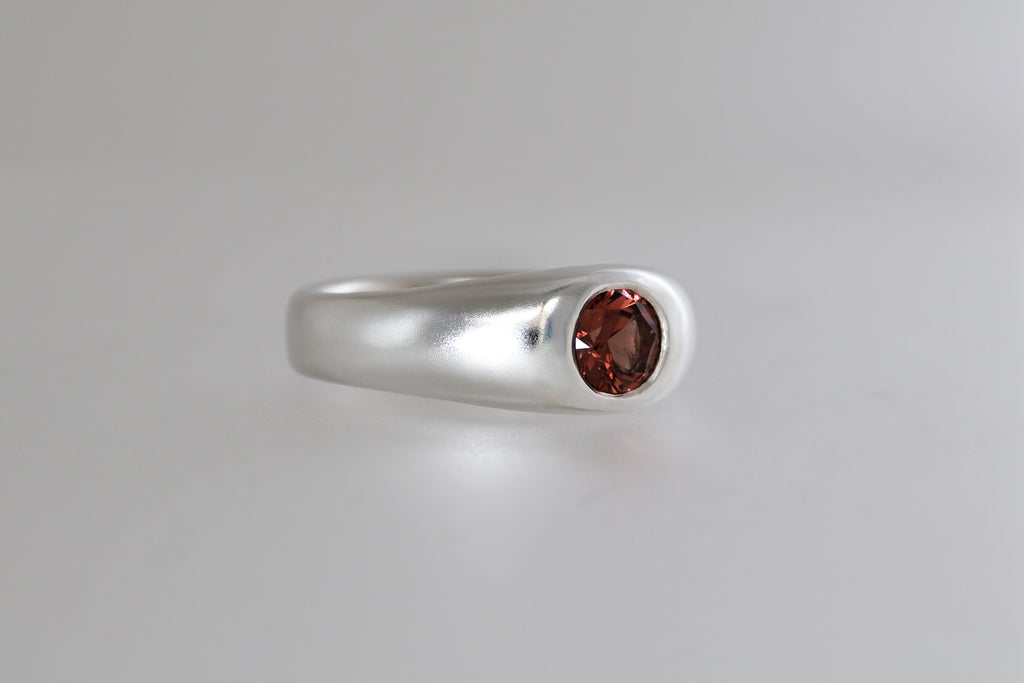 Brushed sterling silver signet ring with red-orange Malaya garnet, view 6