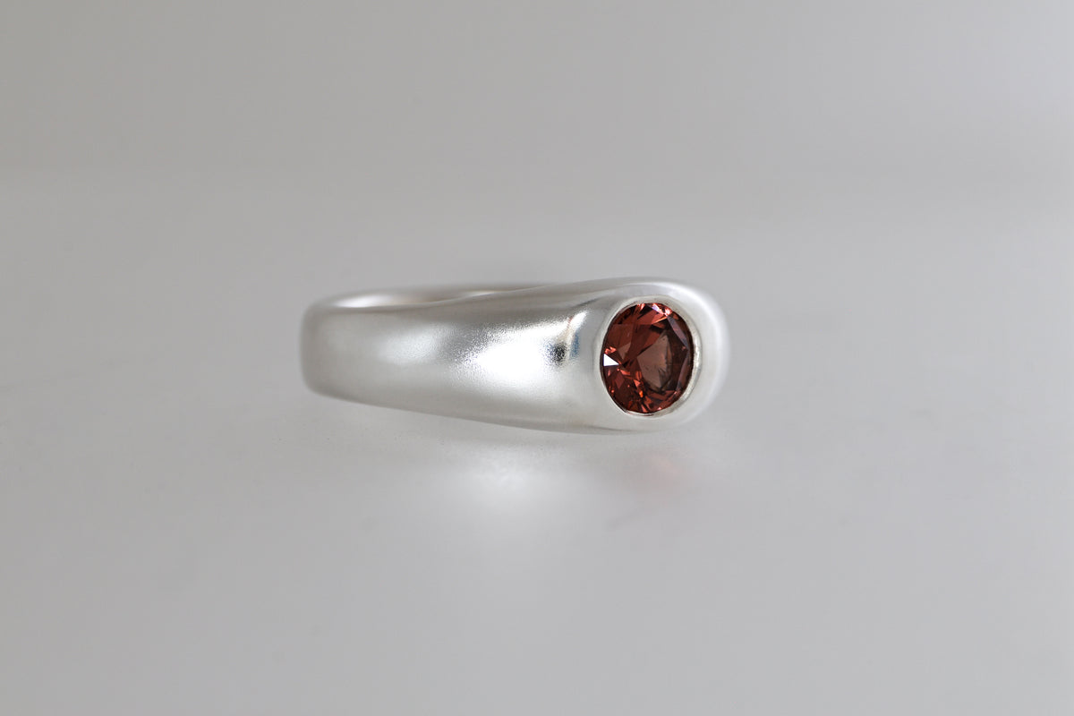 Brushed sterling silver signet ring with red-orange Malaya garnet, view 6