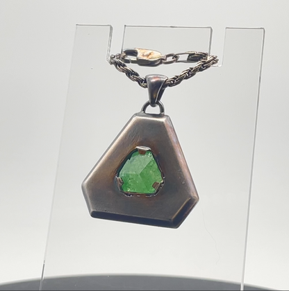 Pendant, Terminated Tsavorite Garnet Crystal, Cut-Corner Triangle, Oxidized Silver 1/2oz