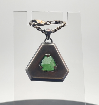 Pendant, Terminated Tsavorite Garnet Crystal, Cut-Corner Triangle, Oxidized Silver 1/2oz