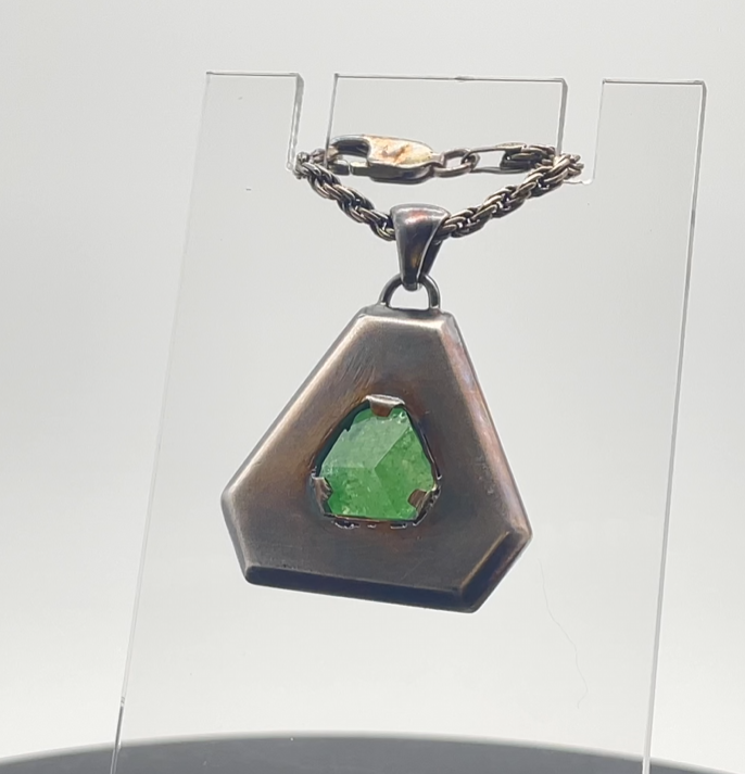 Pendant, Terminated Tsavorite Garnet Crystal, Cut-Corner Triangle, Oxidized Silver 1/2oz