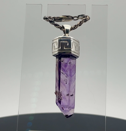 Pendant, Terminated Gem Amethyst Crystal from Namibia, Silver w/ Engraved Pattern