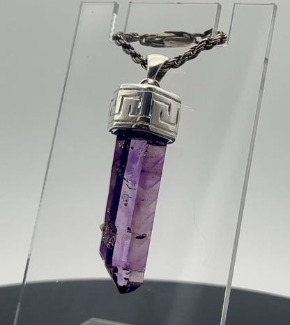 Pendant, Terminated Gem Amethyst Crystal from Namibia, Silver w/ Engraved Pattern