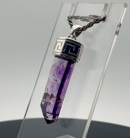 Pendant, Terminated Gem Amethyst Crystal from Namibia, Silver w/ Engraved Pattern