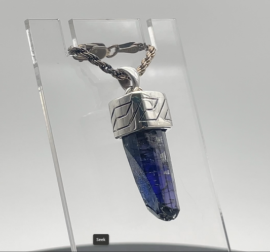 Pendant, Terminated Tanzanite Crystal, Silver w/ Oxidized Engraved Pattern