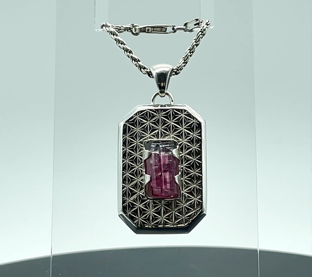 Beveled & Engraved Silver Long Octagon Pendant (w/ Brazilian Tourmaline Crystal)