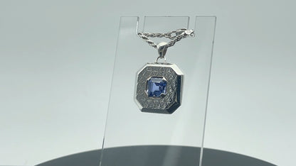 Engraved & Beveled Silver Octagon Pendant w/ Faceted Sapphire (Lab-created)