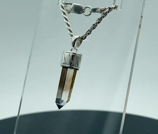 Engraved Silver Cap Crystal Pendant (w/ Smoky Quartz) #2