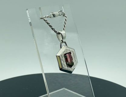 Beveled & Engraved Silver Hexagon Pendant (w/ Tourmaline Crystal)
