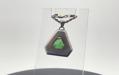 Pendant, Terminated Tsavorite Garnet Crystal, Cut-Corner Triangle, Oxidized Silver 1/2oz