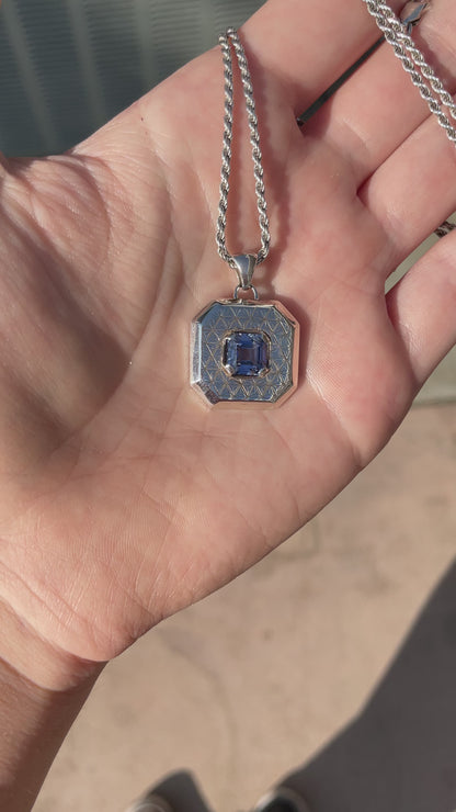 Engraved & Beveled Silver Octagon Pendant w/ Faceted Sapphire (Lab-created)