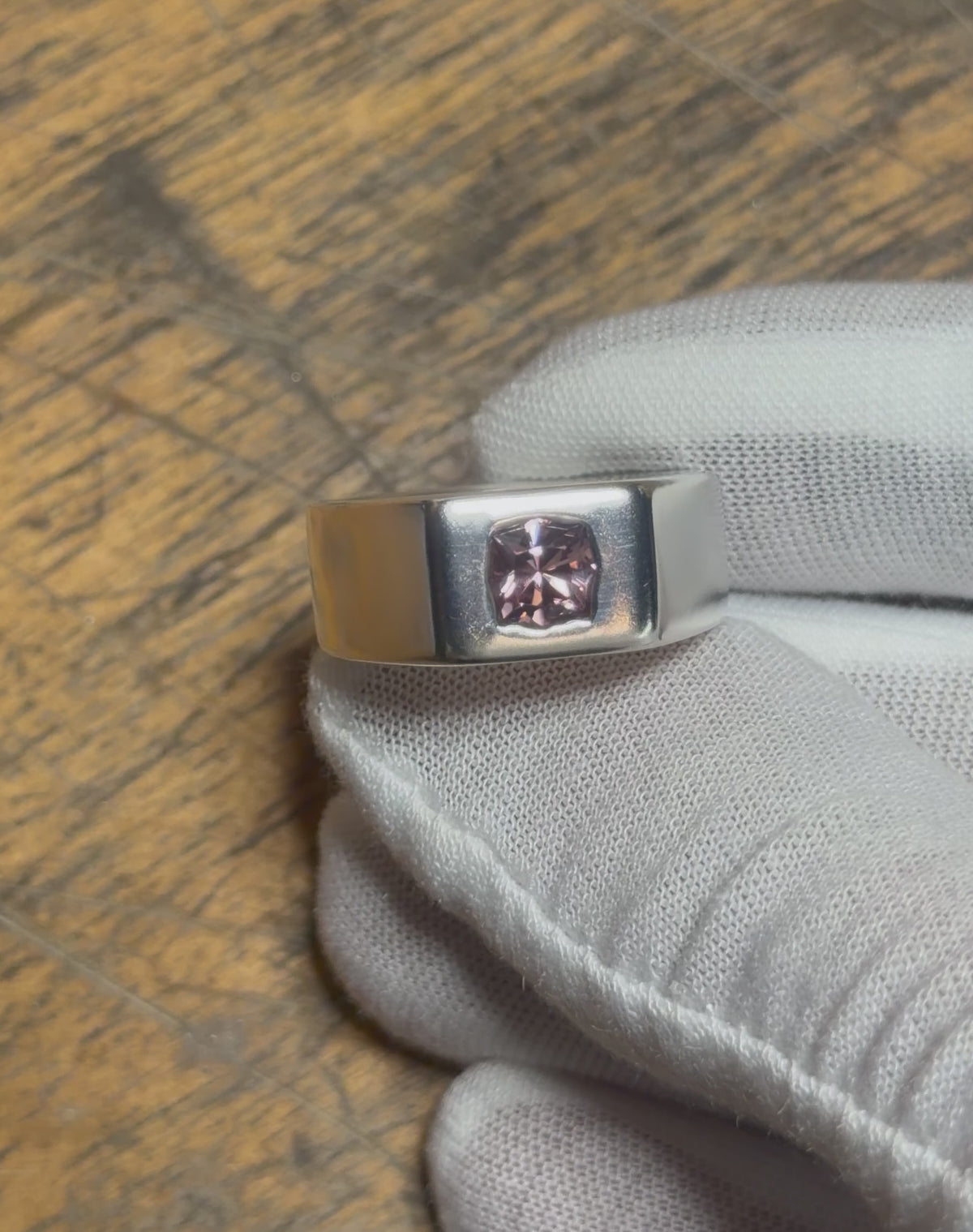 Mauve Pink Mozambique Zircon Signet Ring – Brushed Sterling Silver, 1.4 ct Cushion, Size 9.25
