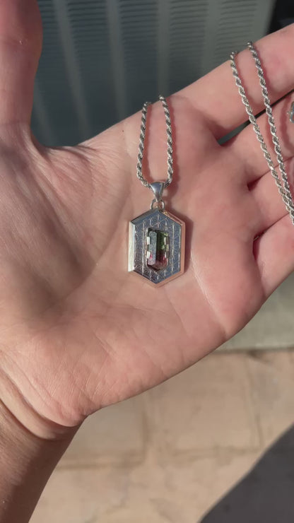 Beveled & Engraved Silver Long Hexagon Pendant (w/ "Lipstick Pocket" Tourmaline Crystal)