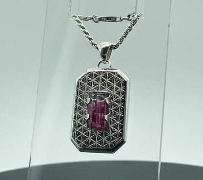 Beveled & Engraved Silver Long Octagon Pendant (w/ Brazilian Tourmaline Crystal)