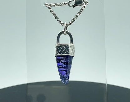 Engraved Silver Cap Crystal Pendant (w/ Tanzanite)