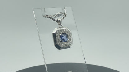 Engraved & Beveled Silver Octagon Pendant w/ Faceted Sapphire (Lab-created)