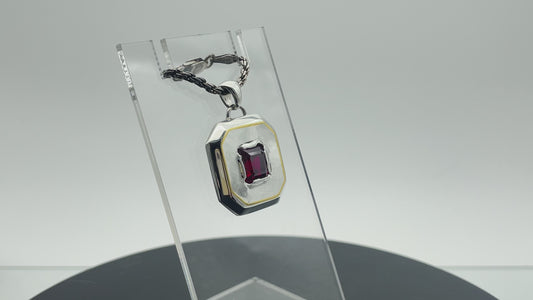 Pendant, 8mm Asscher Cut Ruby (Lab), Cut-Corner Square, Silver w/ 24k Gold Inlay