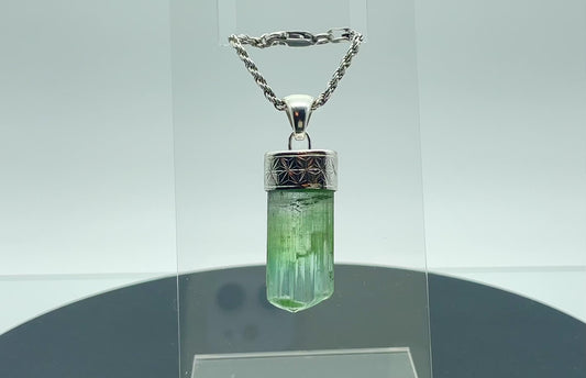 Engraved Silver Cap Crystal Pendant (w/ Tourmaline) #2