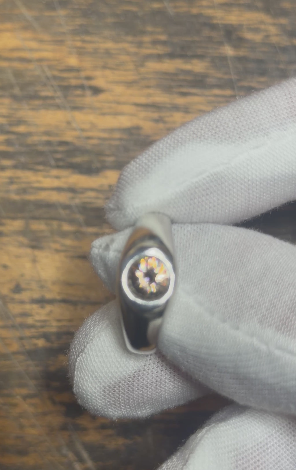 Brushed Silver Signet Ring w/ Australian Zircon Round Gemstone