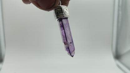 Pendant, Terminated Gem Amethyst Crystal from Namibia, Silver w/ Engraved Pattern